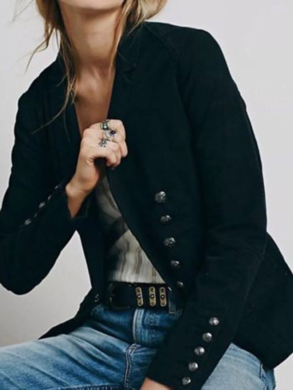 Free People Cool Double Breasted Fashionable Military Jacket Blazer Black